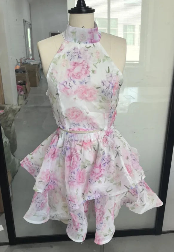 Elegant Printed Backless Strappy Short Skirt Women's Dress