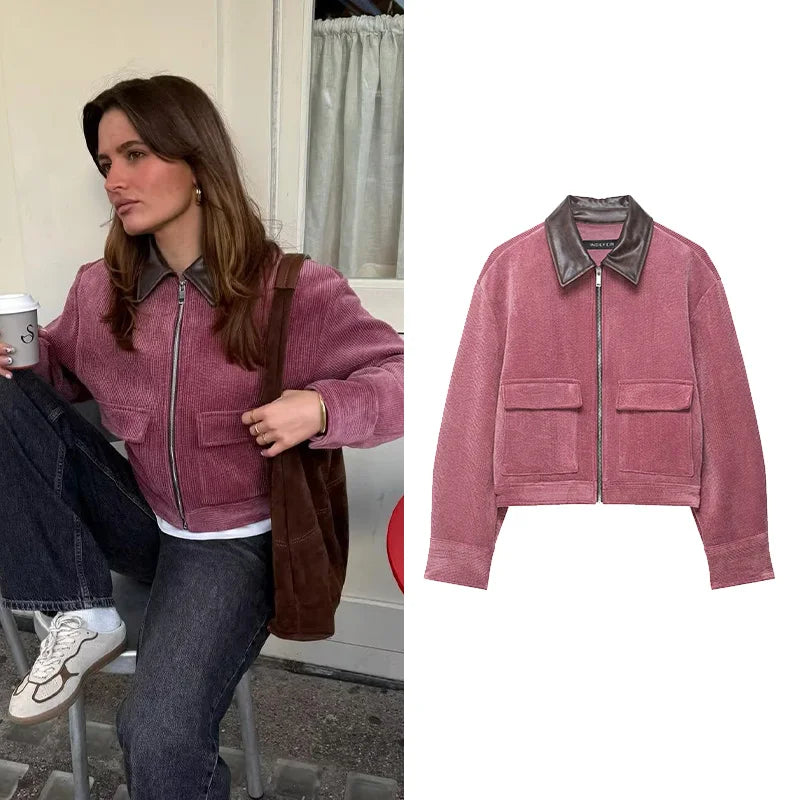 Women's Corduroy Jacket with Leather Effect