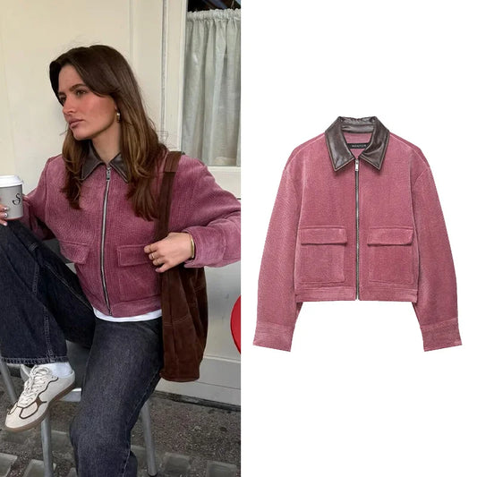 Women's Corduroy Jacket with Leather Effect