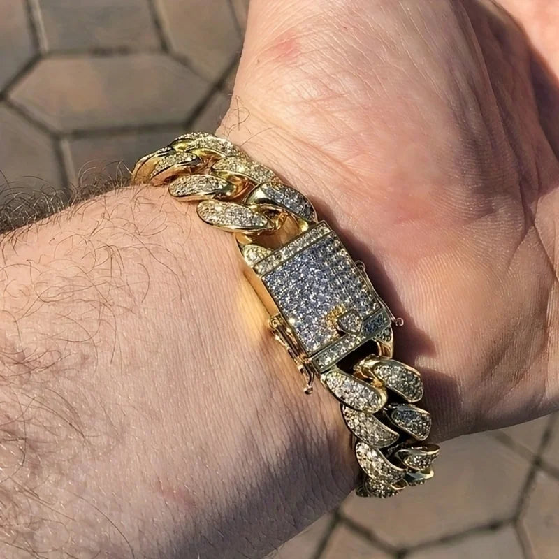 Luxury Iced Out Cuban Link Chain Bracelet for Men Paved Crystal Hip-Hop Jewelry Stainless Steel