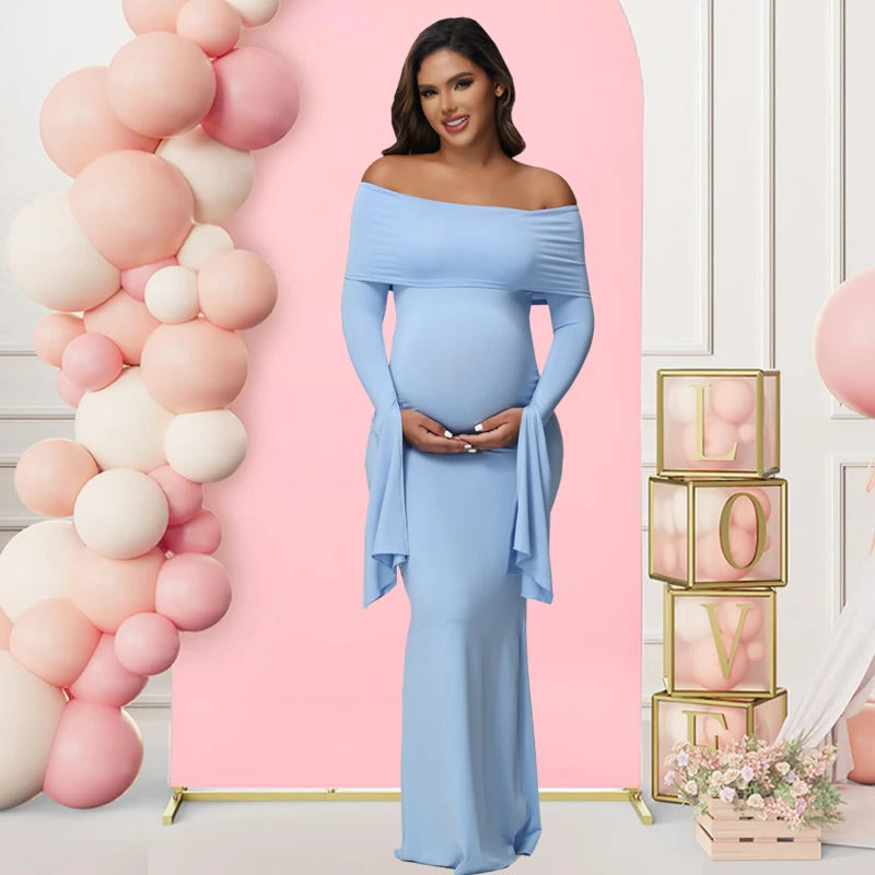 Women Maternity Off Shoulder Long Sleeve Bodycon Pregnancy  Gown
