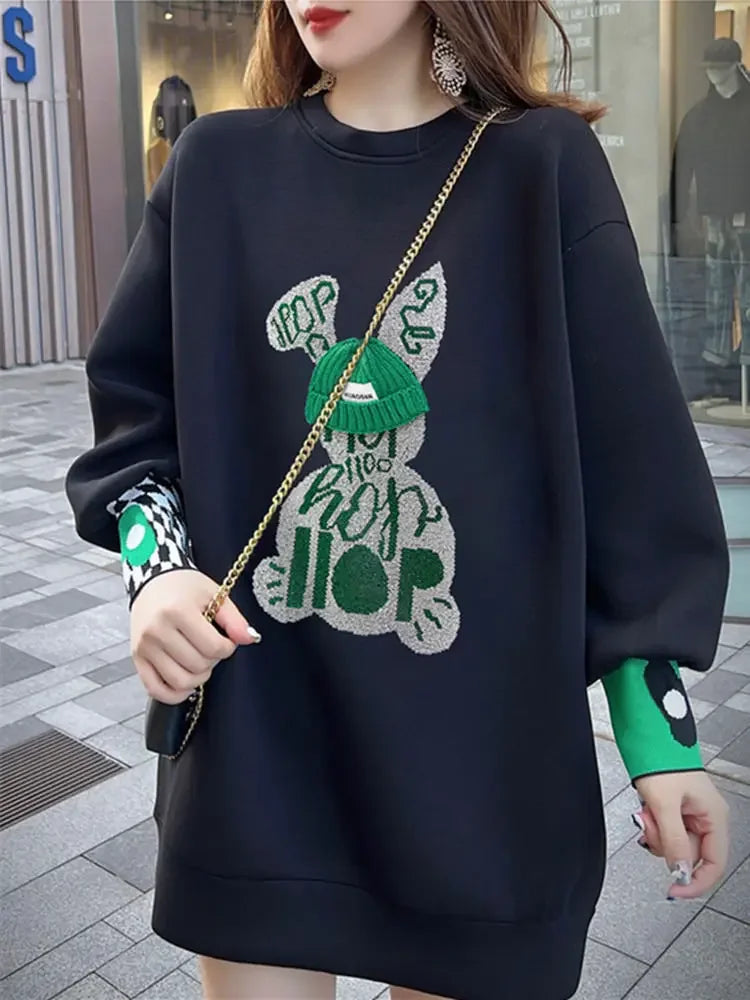 Sweatshirt for Women BlackGraphic Long   Embroidered Pullover