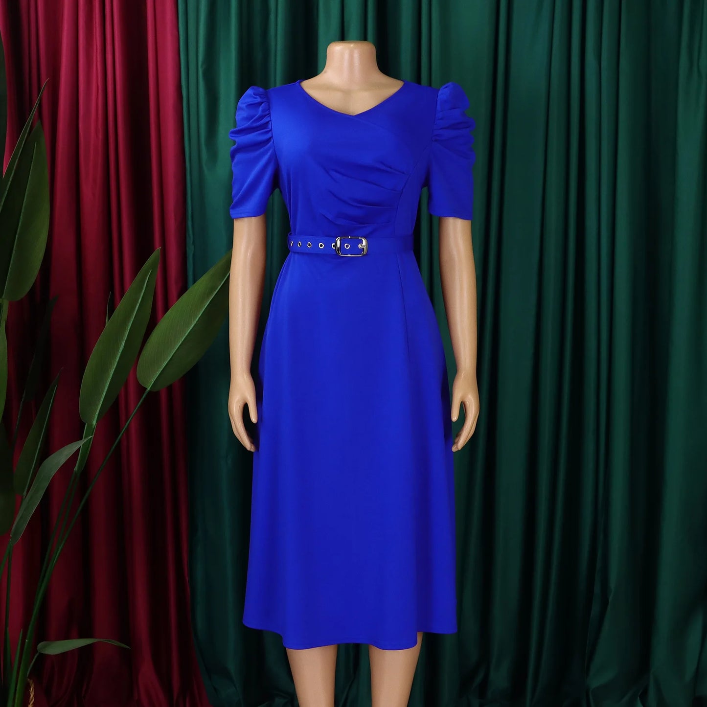 V Neck Short Sleeve Belt Waisted Pleated Party Dress