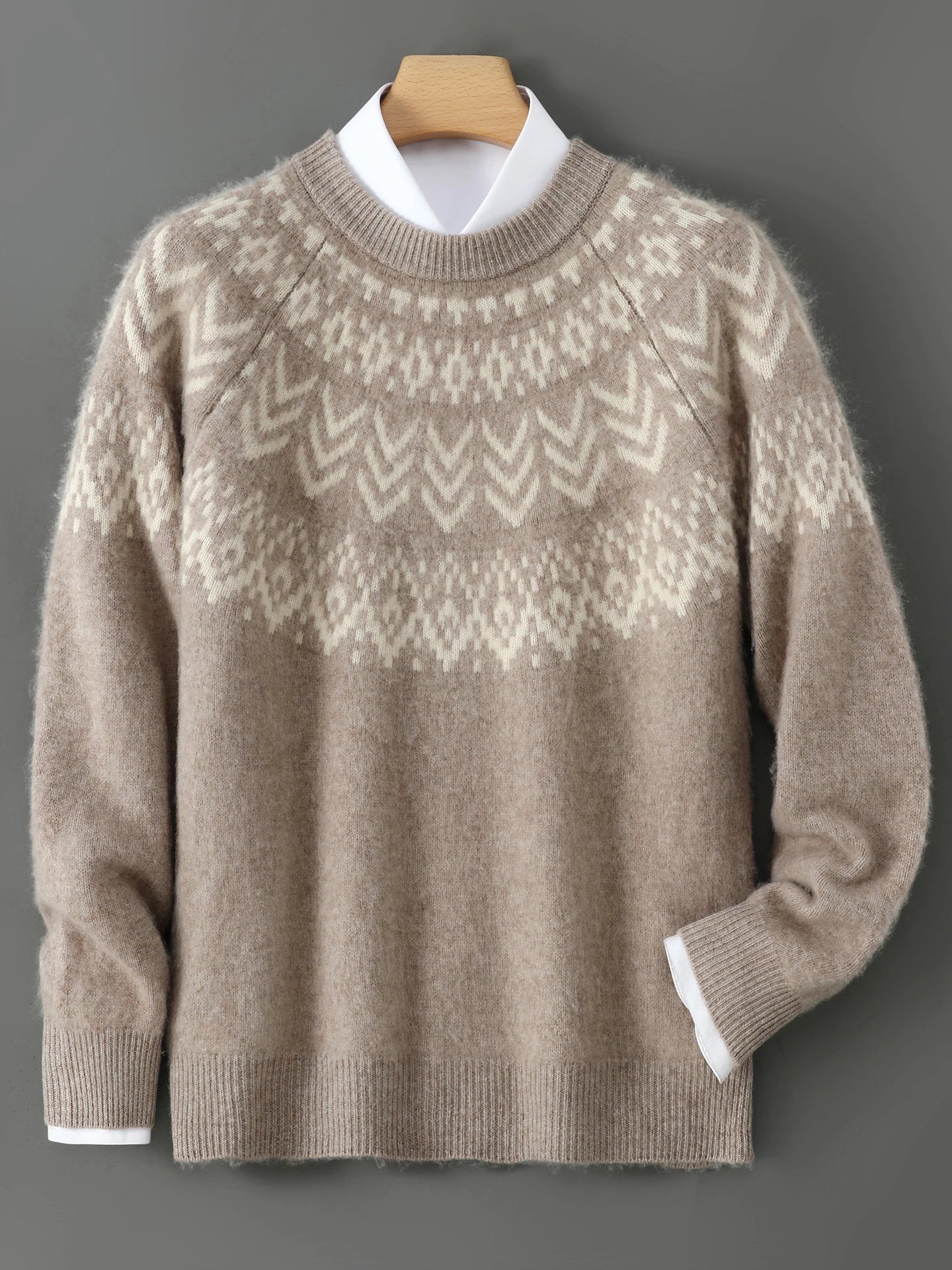 Merino Wool Pullover Sweater O-neck Fair Isle Jacquard
