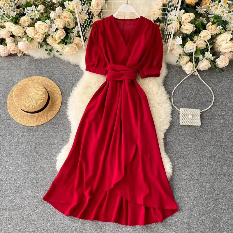 New Temperament V-neck Solid Color Bubble Short-sleeved Dress