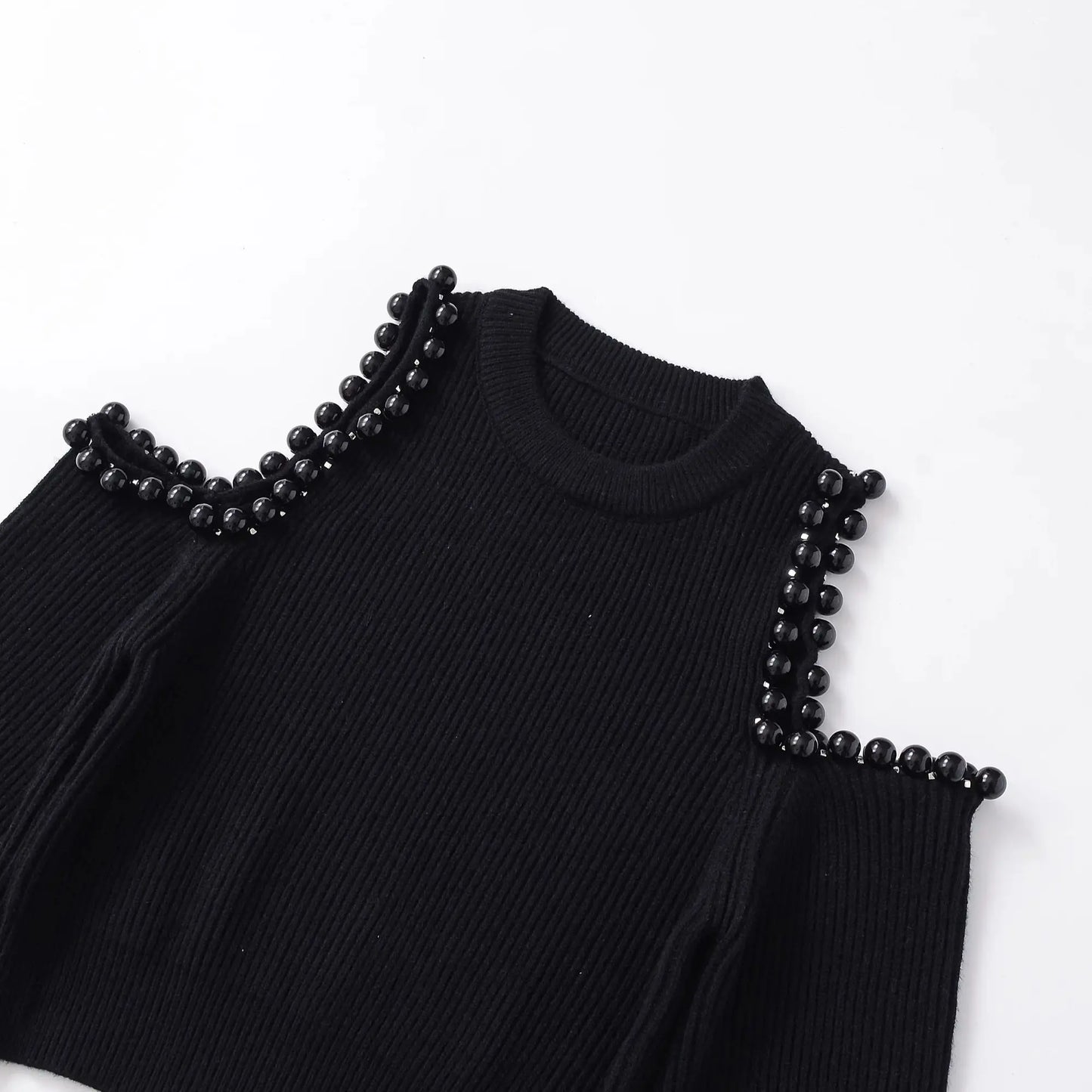 Women Fashion Knit Beaded Hollow Out Sweater