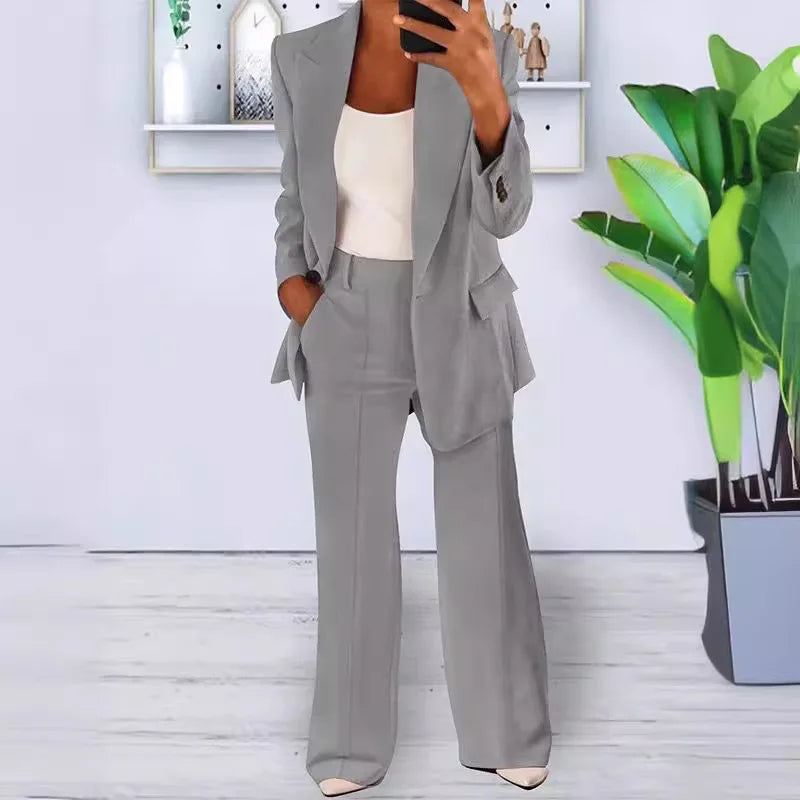 Women's Sets Two 2 Pieces Casual Pocket Single Button Blazer Jackets& High Elastic Waist Workwear Wide Leg Pant Suits