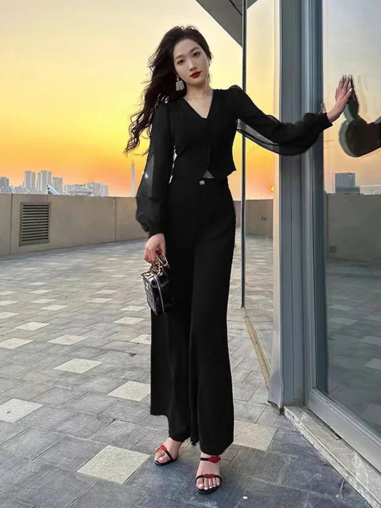 Women 2 Pieces Red Sexy Holiday Outfits Trousers Woman Spring Autumn Shirt Blouse and Clothing Sales Luxury Full D