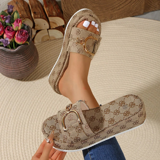 Women Platform Slippers Flat Sandals Outdoor Floral Shoes