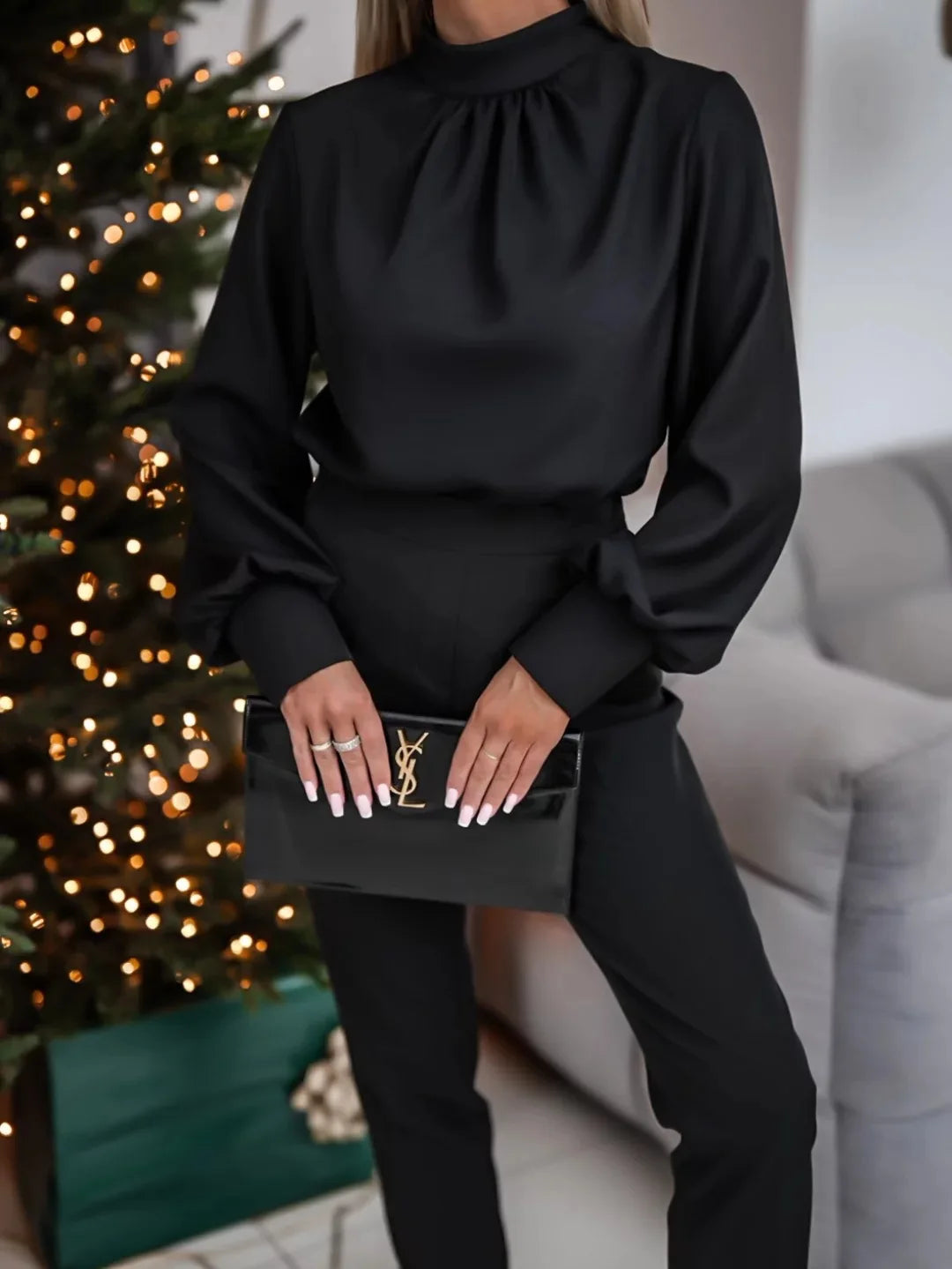 Womens Blouses Fashion  Smocked Long Sleeve O-Neck Casual Chiffon Shirts