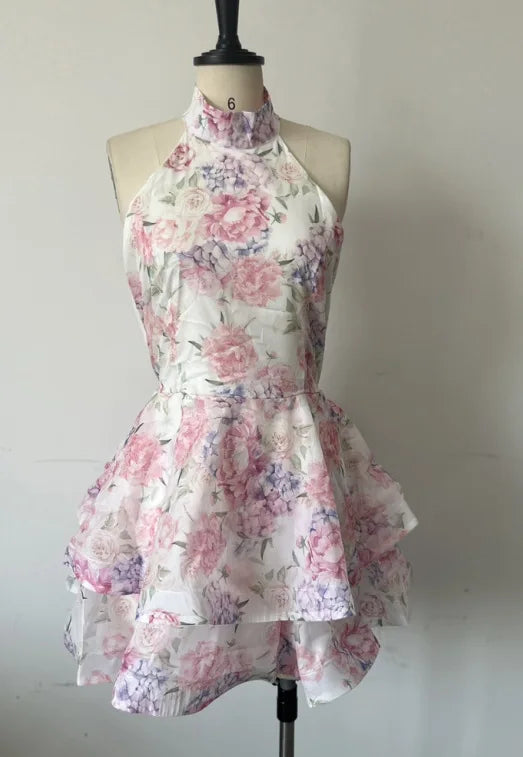 Elegant Printed Backless Strappy Short Skirt Women's Dress