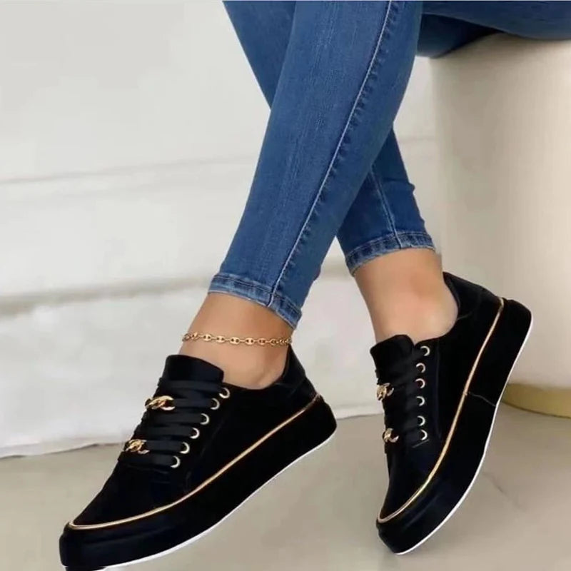 Women's Sneakers Chain Leather Comfortable Round Toe Platform Sneakers