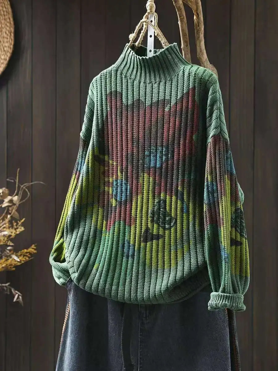 Chic Flower Printing Knitwear for Women Loose Casual Long Sleeve Half-turtleneck Knitwear