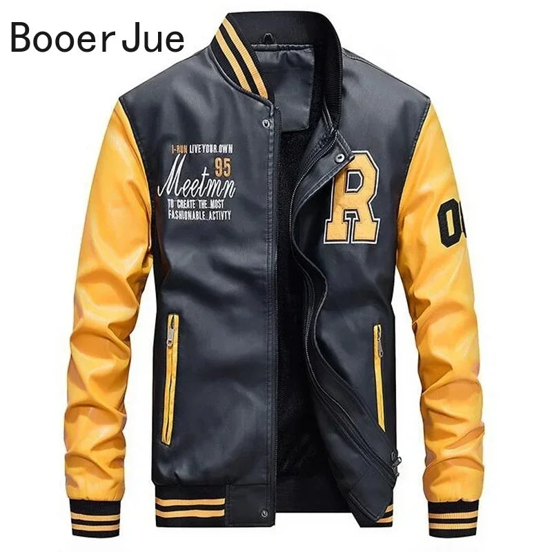 Embroidered Leather Pu Coats Slim Fit College Fleece Luxury Pilot Jackets