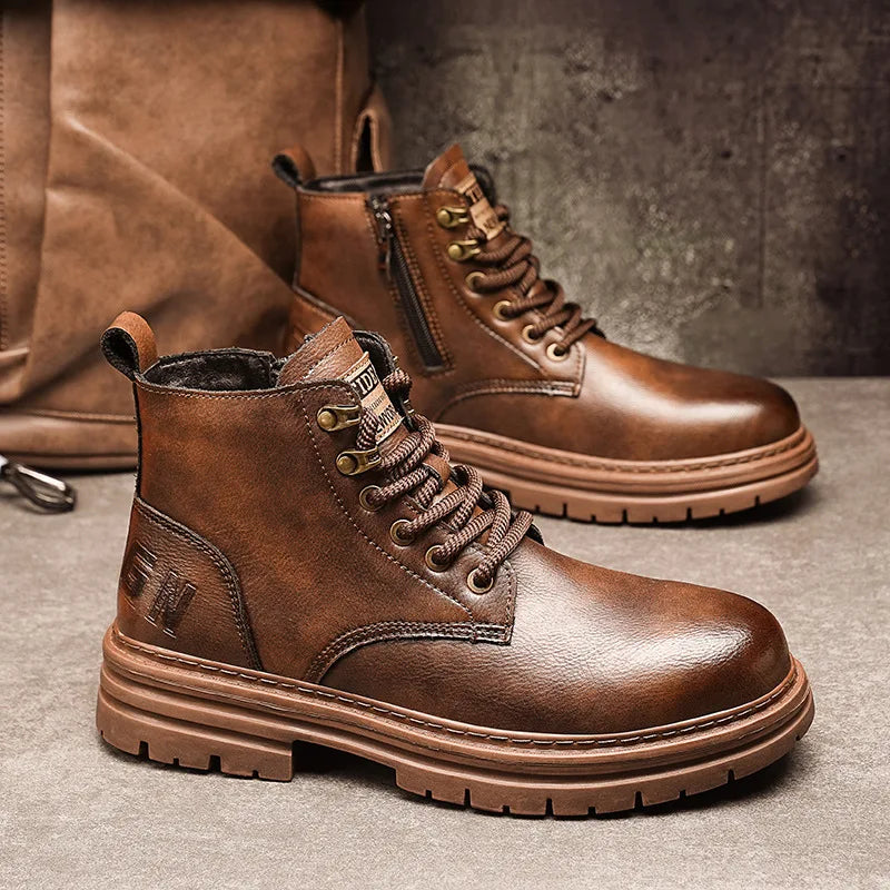 Men's Outdoor Non-slip All-match Casual Short Boots  High Top Retro Waterproof Leather Boots