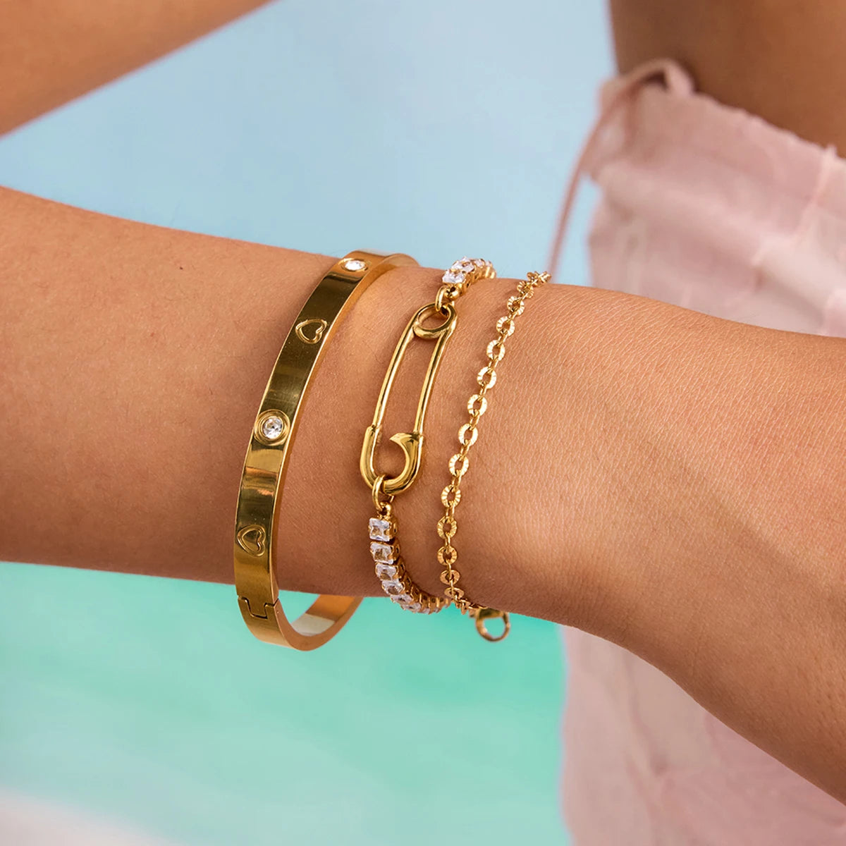 Square White Zircon Bracelet Paper Clip Double layer Bracelet