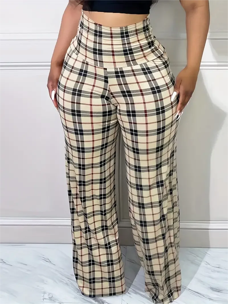 Women's Plaid Wide Leg High Waist Casual pants