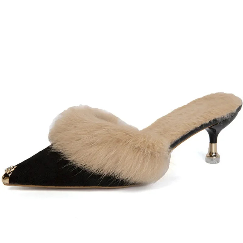 Women High Heel Shoes Fur Slippers Mules Pointed Toe Furry Slides