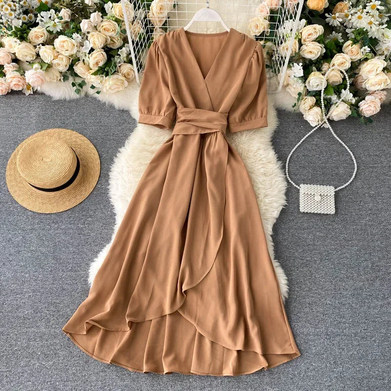 New Temperament V-neck Solid Color Bubble Short-sleeved Dress
