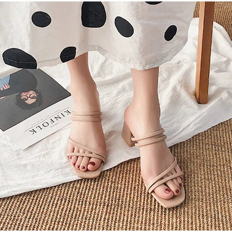 Women Sandals Ladies Square Heels Elegant Summer Slippers