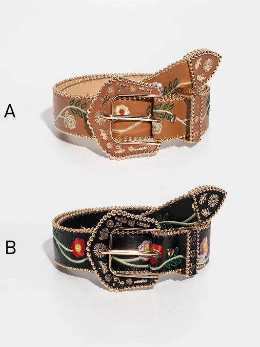 Women Retro Casual Multi-Color Carved Beaded Random Floral Embossed Bead-Edge Belt