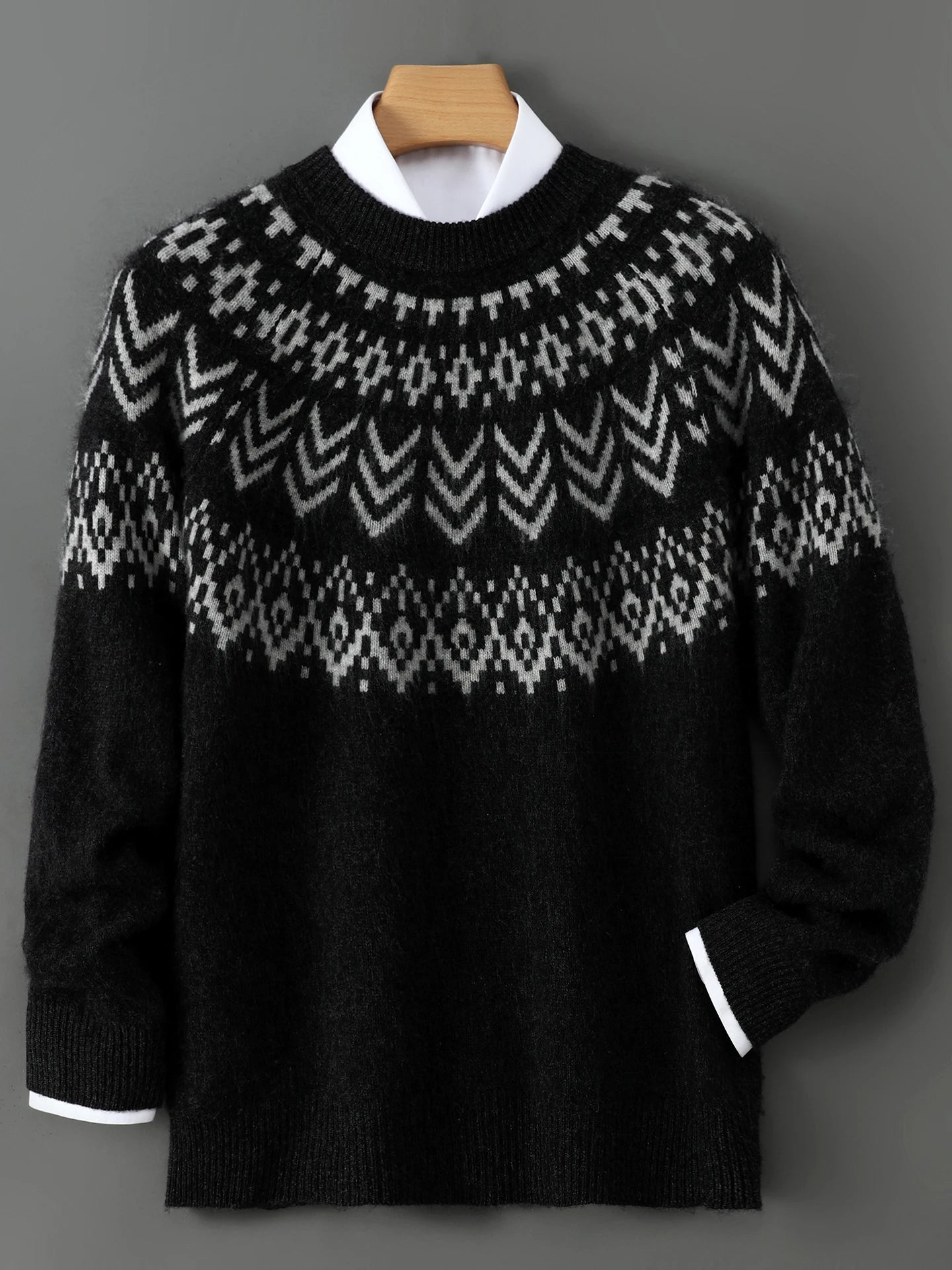 Merino Wool Pullover Sweater O-neck Fair Isle Jacquard
