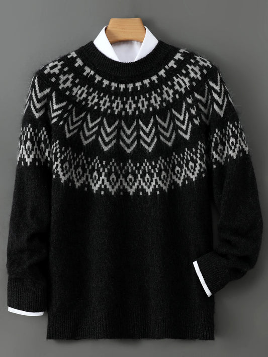 Merino Wool Pullover Sweater O-neck Fair Isle Jacquard