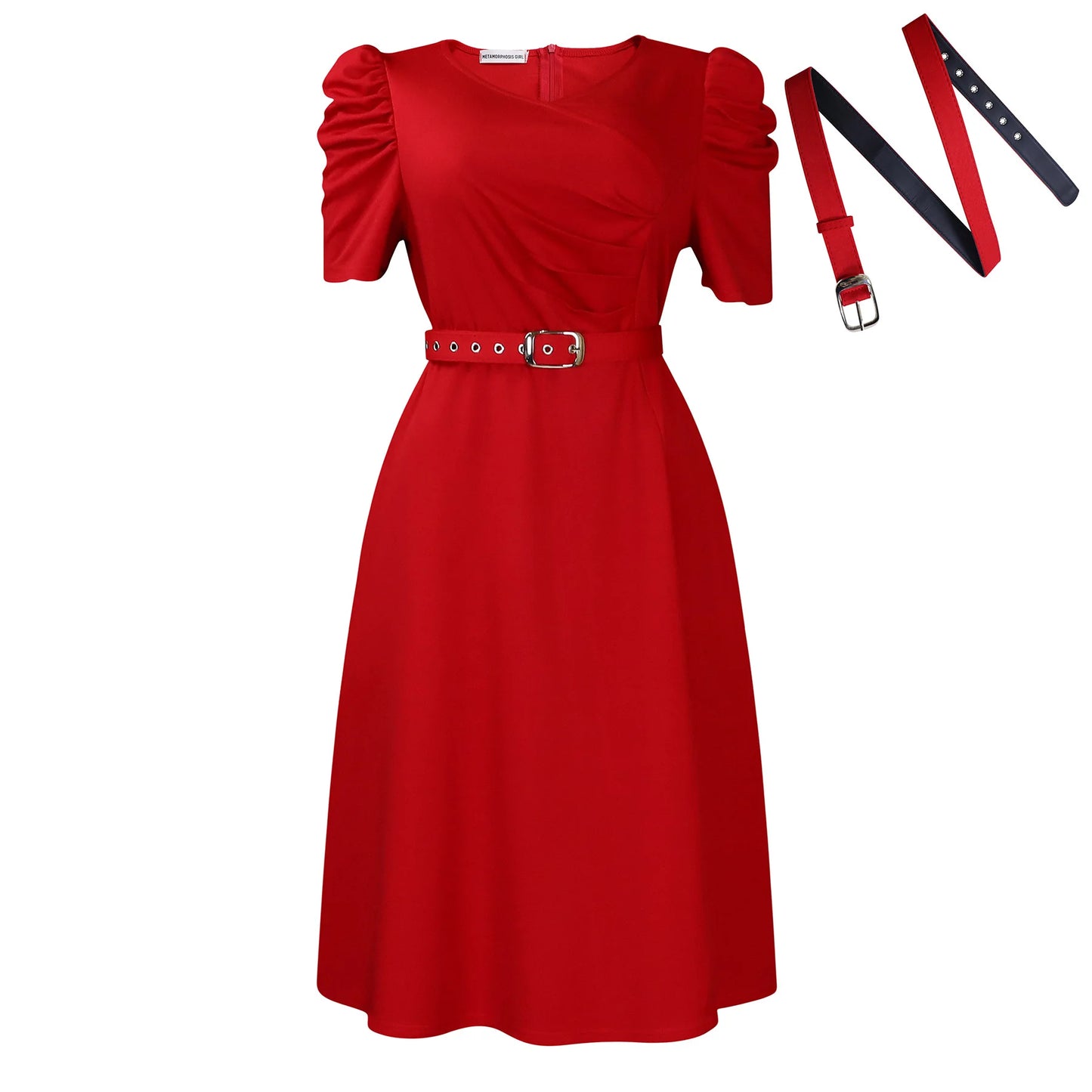 V Neck Short Sleeve Belt Waisted Pleated Party Dress