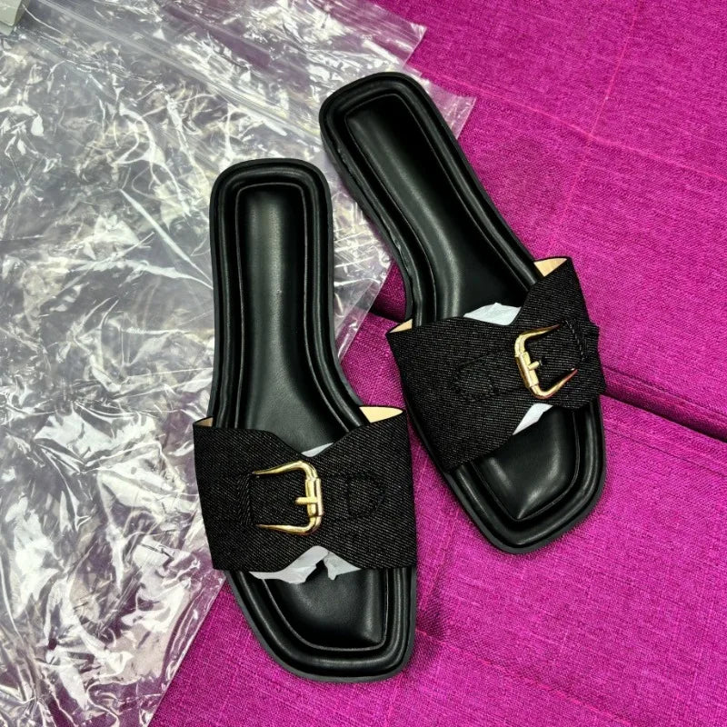 Flat Slides for Women Metal Buckle Strap Slippers