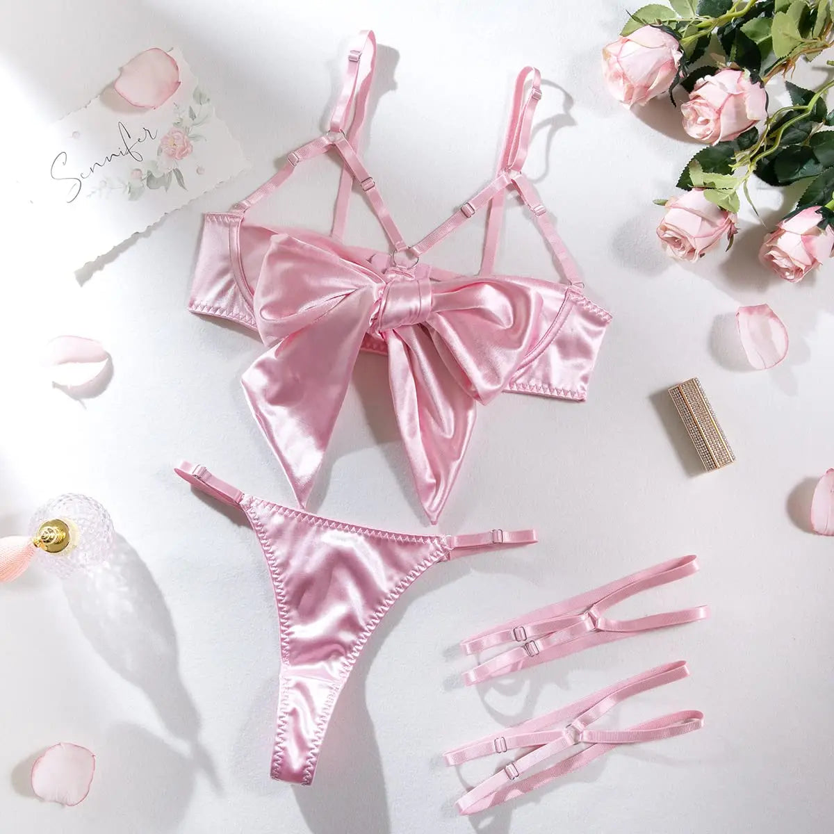Women's 3 Piece Lingerie Set Sexy Hollow Out Satin