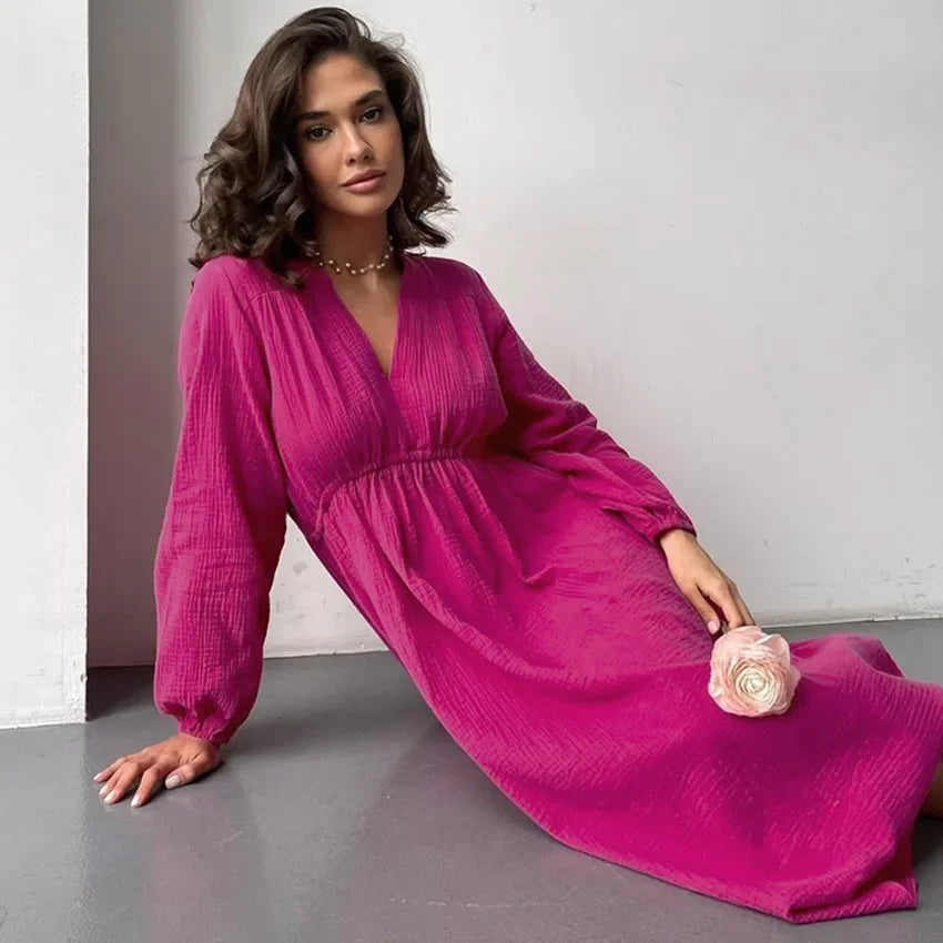 Muslin Long Sleeve V-neck Casual  Robes