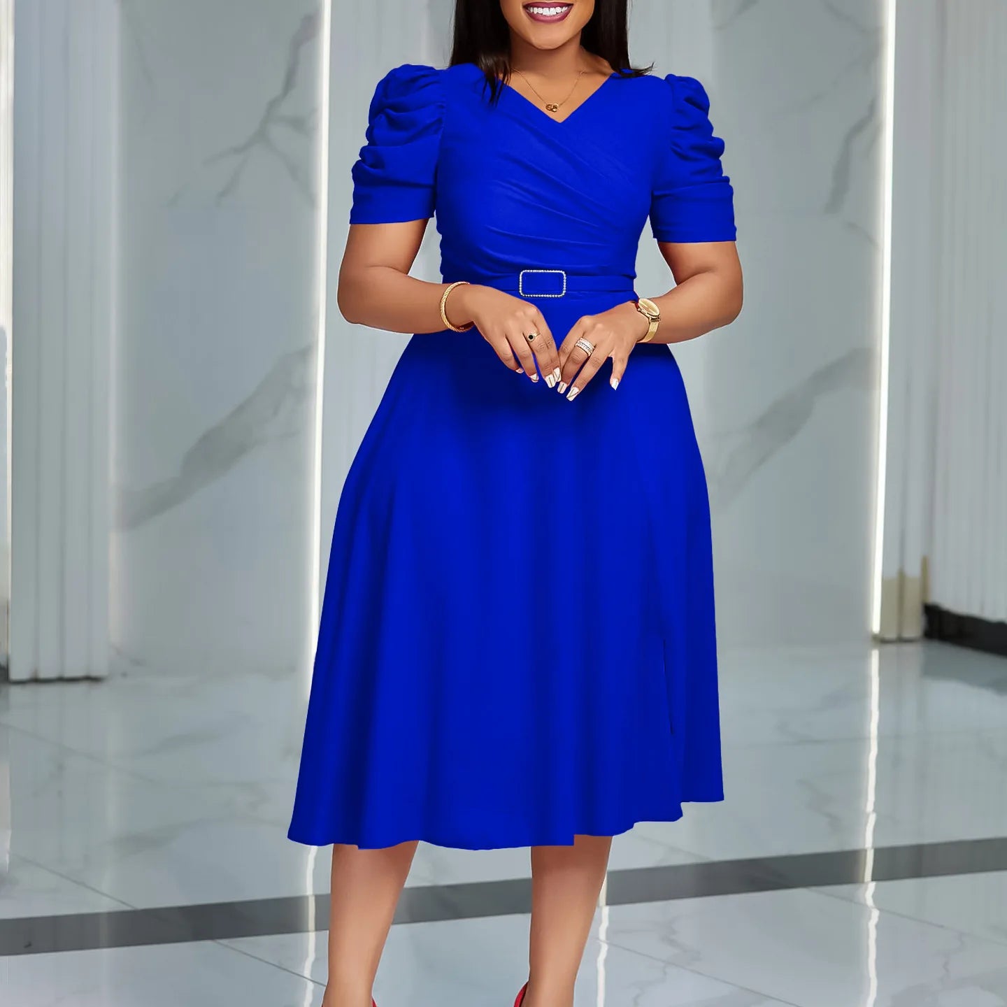 V Neck Short Sleeve Belt Waisted Pleated Party Dress