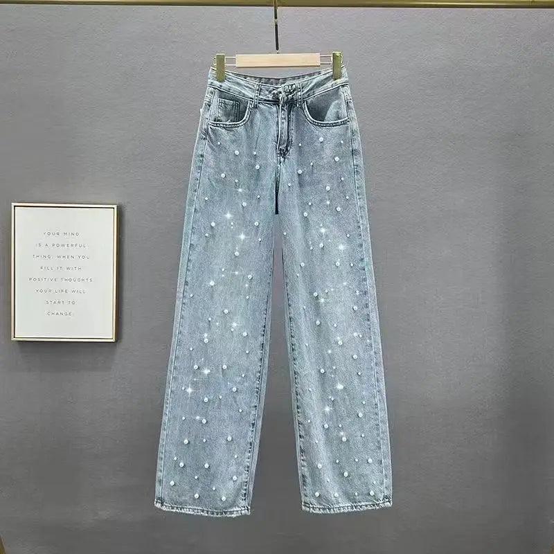 Women's Jeans Pants Beading High Waist Straight Pants