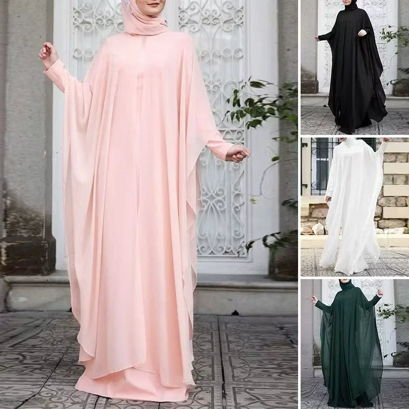 Asian Two Piece Set Bat Sleeve Retro Loose Round Neck Dress