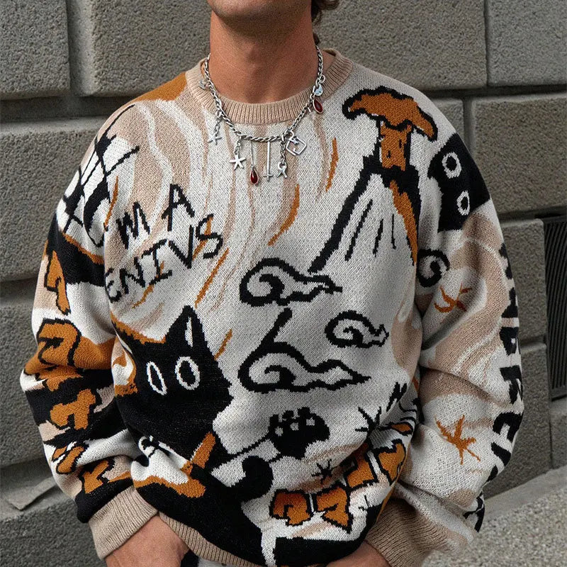 Men's retro cartoon knitted sweater  casual long-sleeved knitted sweater