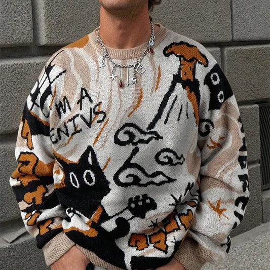 Men's retro cartoon knitted sweater  casual long-sleeved knitted sweater