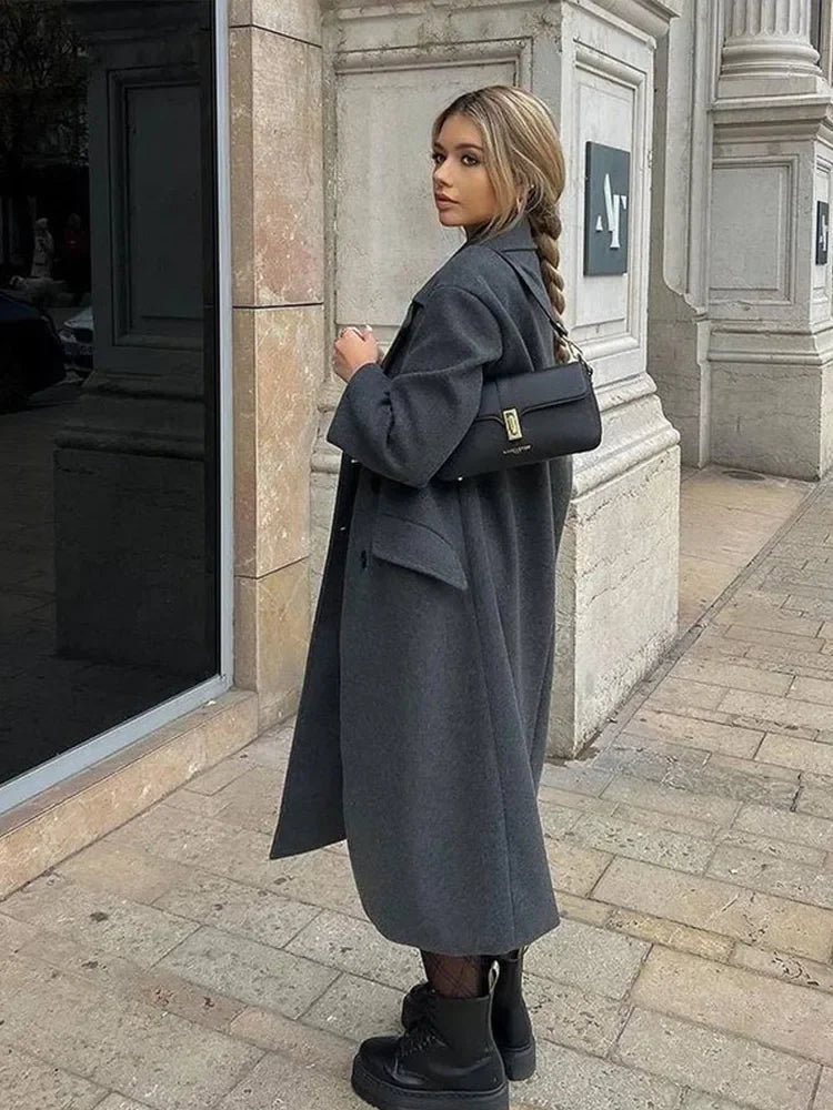 Fashion Women Winter Coats Casual Loose Lapel Double Breasted Long Jacket