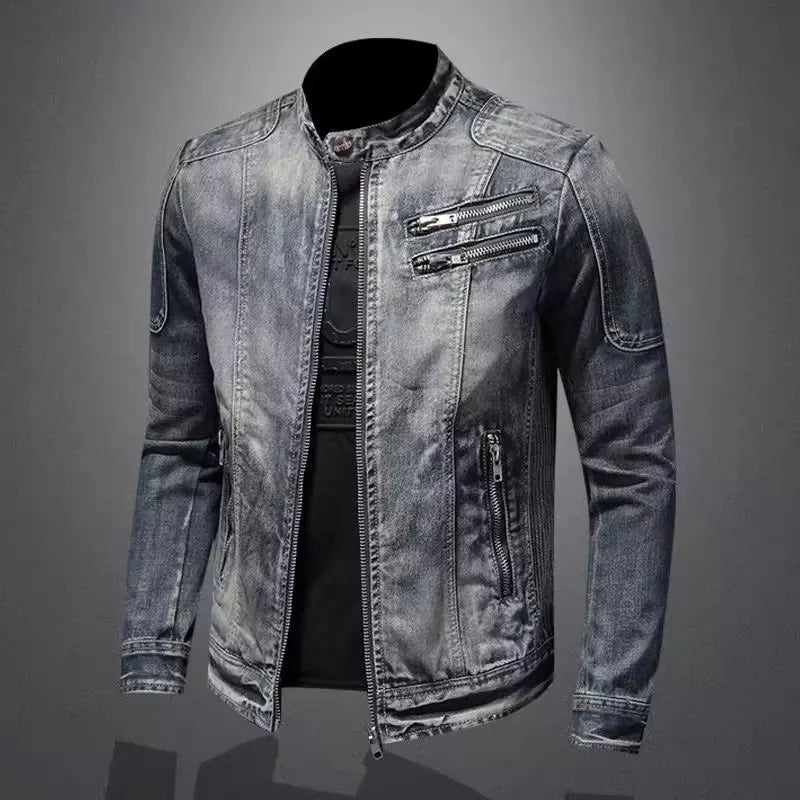 Denim Jackets Men Casual Stand Collar Moto Biker Outerwear