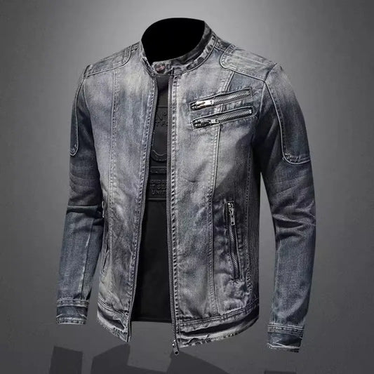 Denim Jackets Men Casual Stand Collar Moto Biker Outerwear