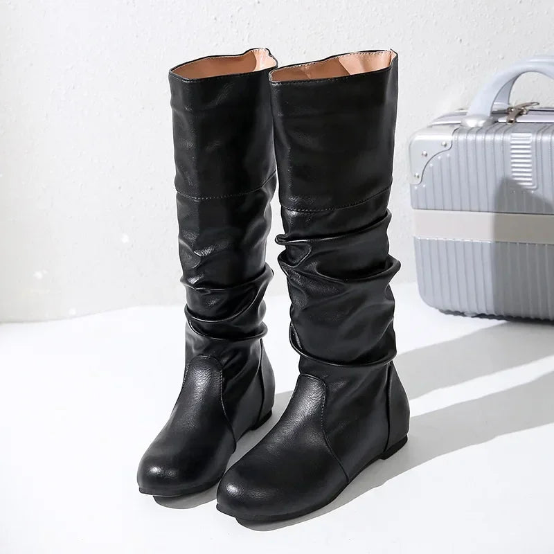 Women Leather Boots Fashion Pleated Wedge Long Boots Round Toe