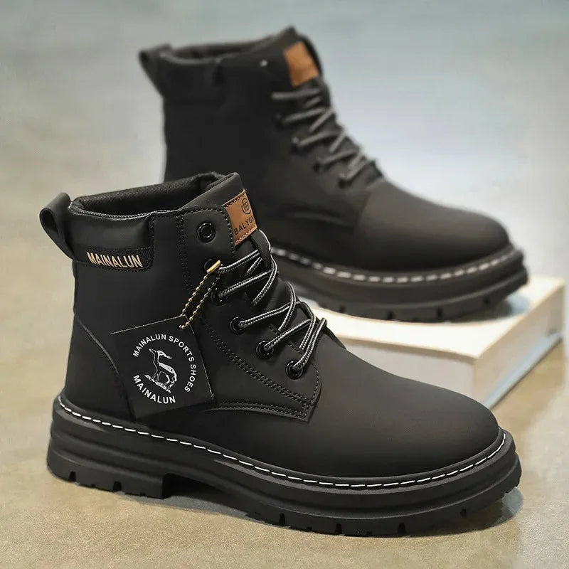 Men's High Top Boots High Quality Casual Leather Boots Lace Up Men Ankle Non-Slip Boot