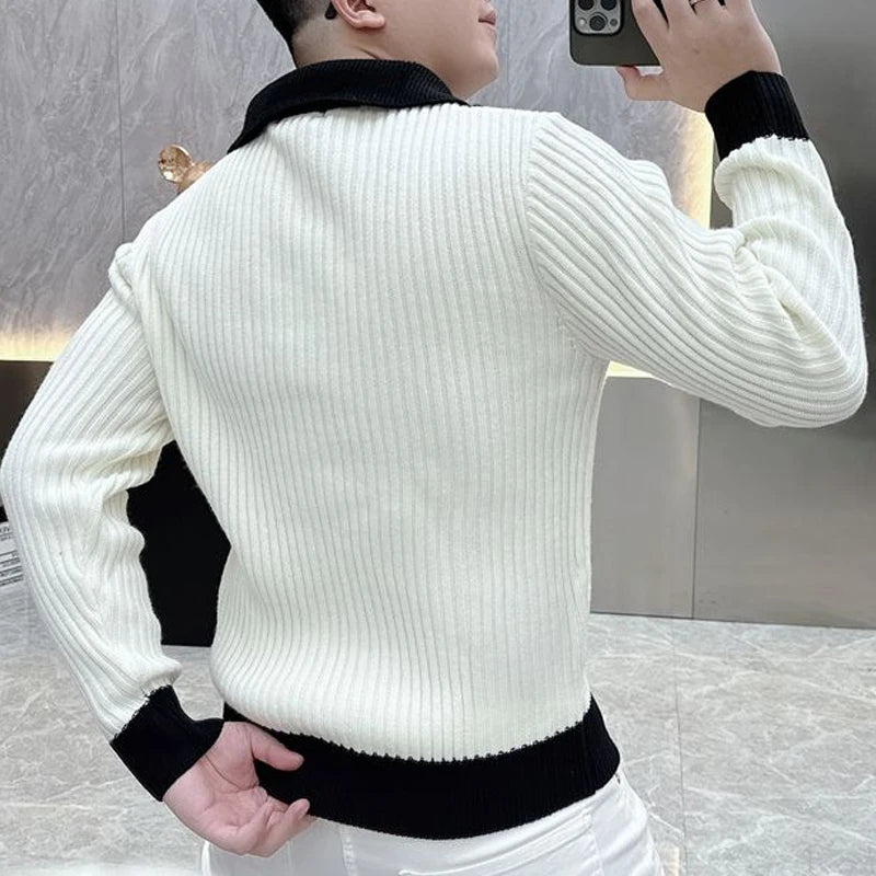 Black White r Business Casual Knitted Sweater Half Zipper Polo