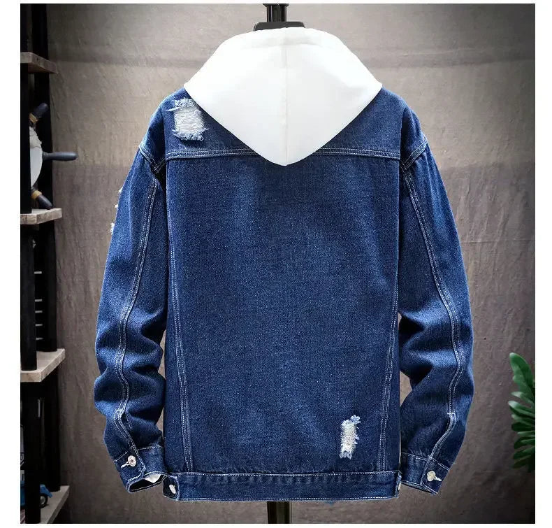 Men Denim Jacket  Ripped Hole Single Breasted Coats Spliced Outerwear