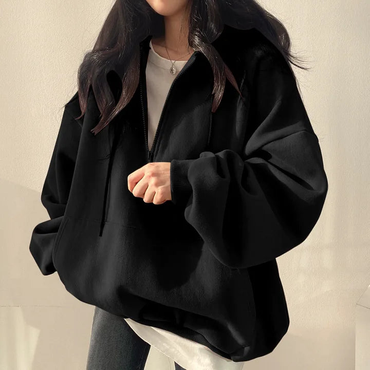 Women Hoodie  Loose Oversized Solid Color Top Half Zip Up Sweatshirt