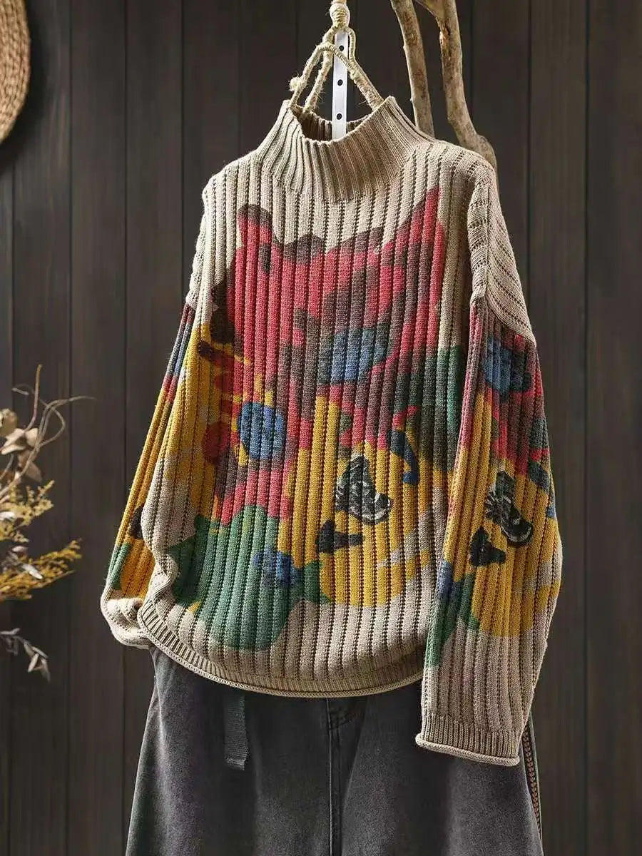 Chic Flower Printing Knitwear for Women Loose Casual Long Sleeve Half-turtleneck Knitwear