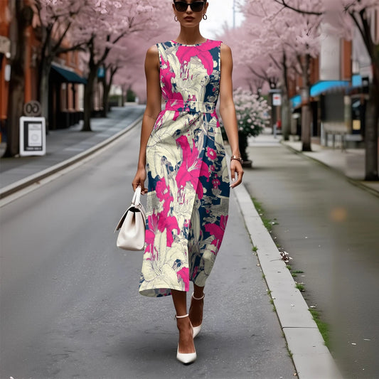 Breathable A-Line Sleeveless Chic Blue & White Dress