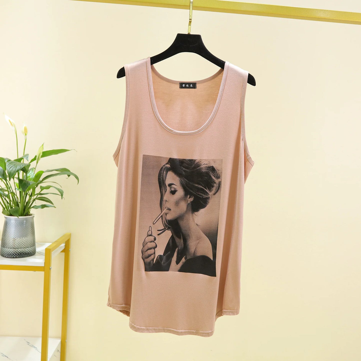 Women Long Tank Tops O-Neck Fashion Print