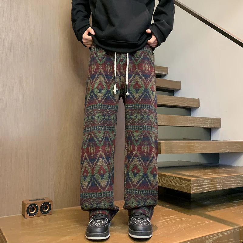 Wide leg pants Men's Vintage Geometric Knitted jacquard pants