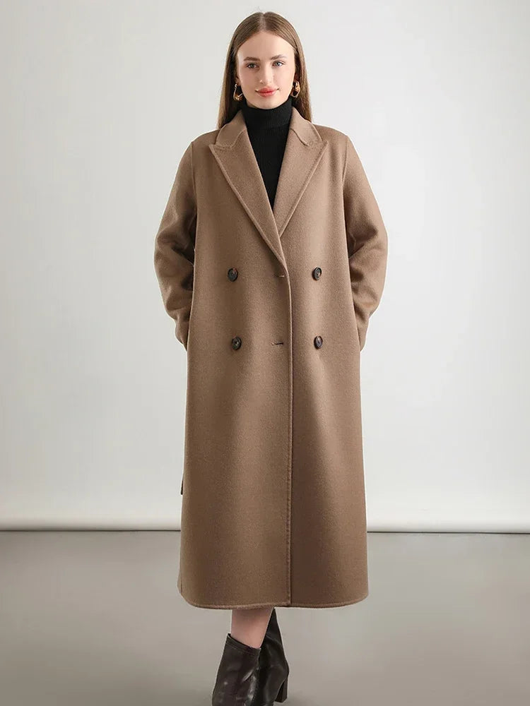 Wool Peak Lapel Overcoat Belt Double-Breasted Long Jacket Trench Coat