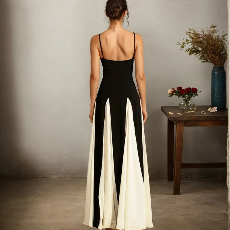 Slim Black And White Contrast Color Strap Dress Sexy V-Neck High Waist Dress